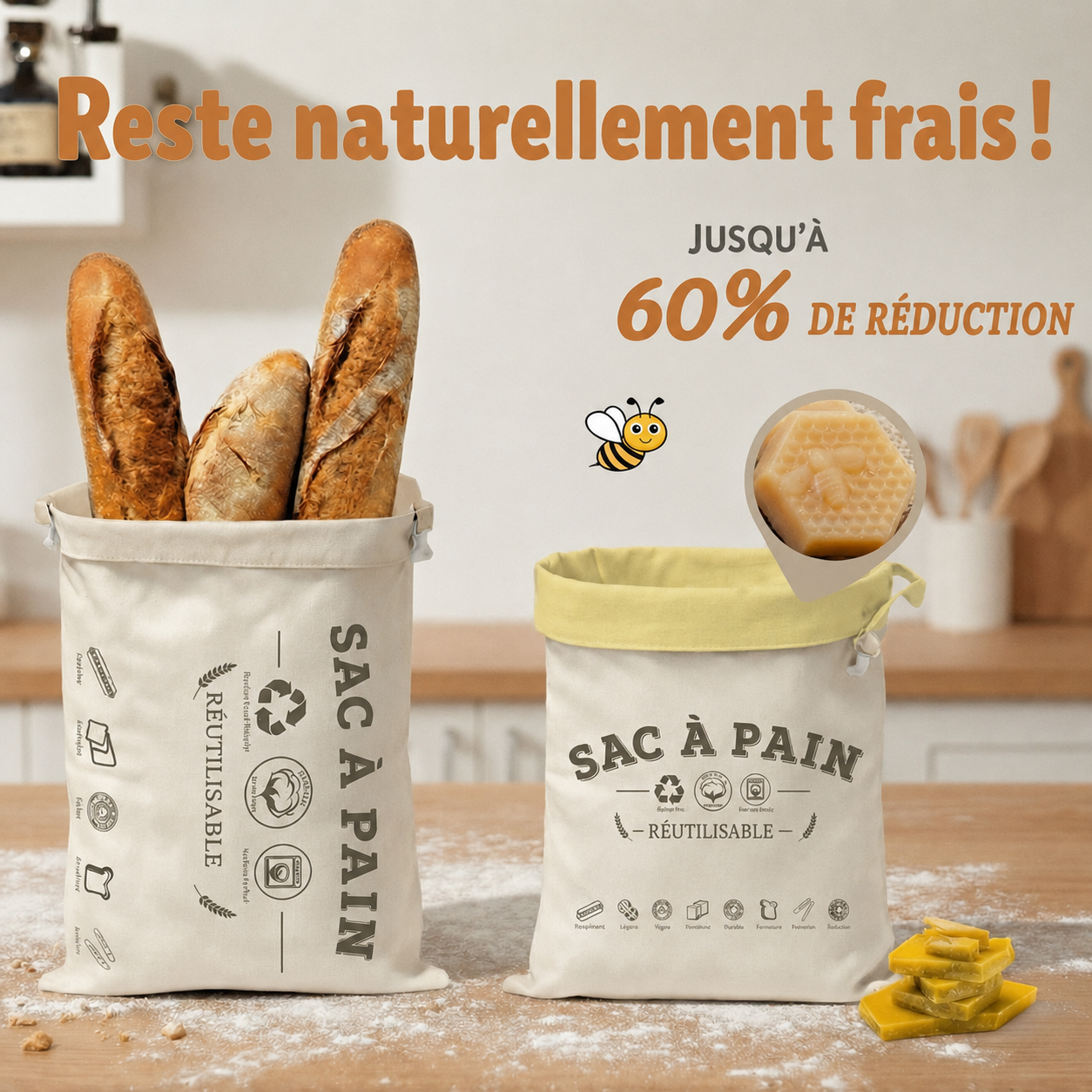 Sac à pain haut de gamme en coton et cire d’abeille