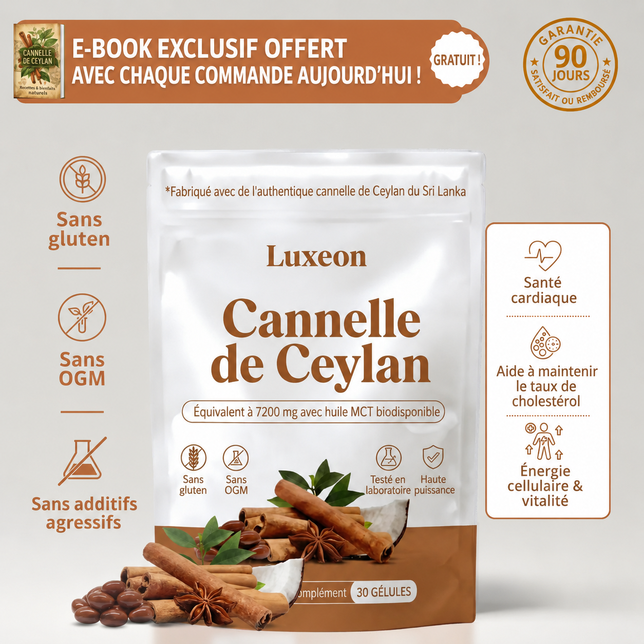 Cannelle de Ceylan, équivalent à 7 200 mg, avec de l’huile MCT
