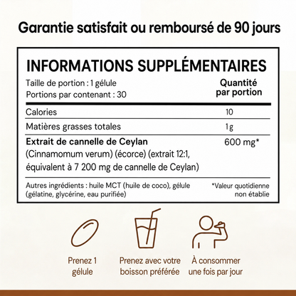 Cannelle de Ceylan, équivalent à 7 200 mg, avec de l’huile MCT