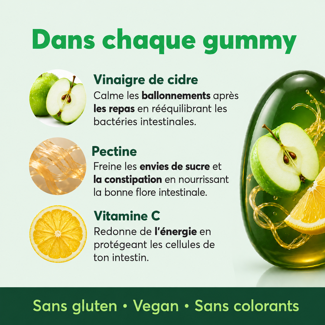 Vinaigre de cidre de pomme, vitamine C et pectine. Sans détour.