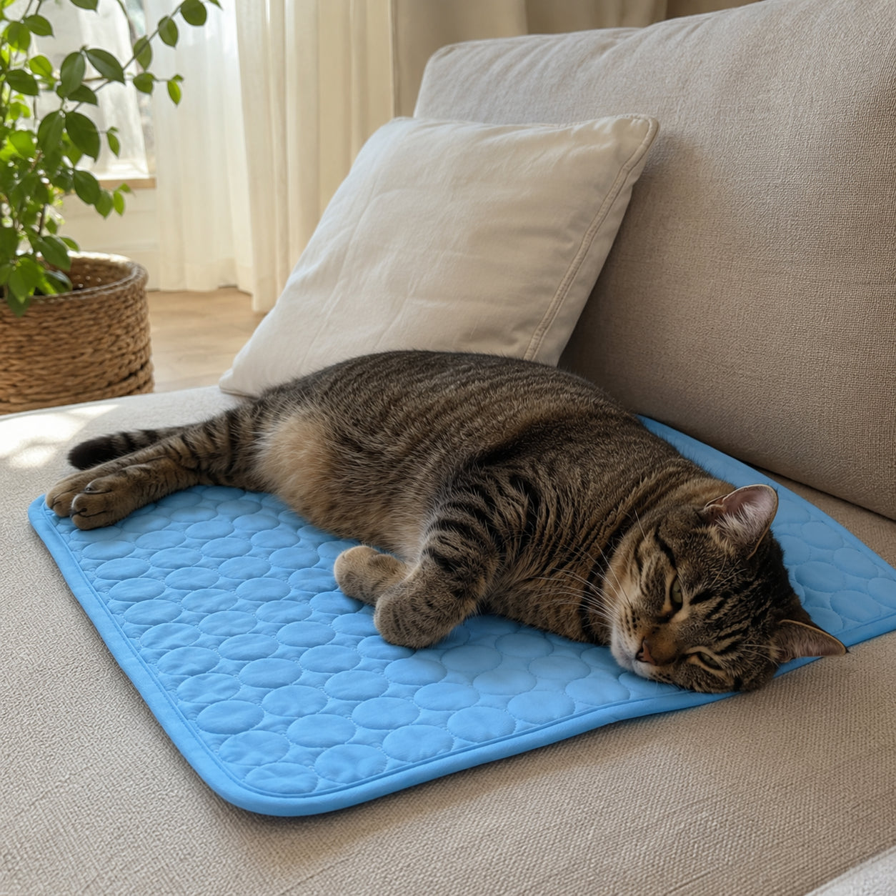 Chat allongé, détendu, sur le tapis rafraîchissant Patoulina
